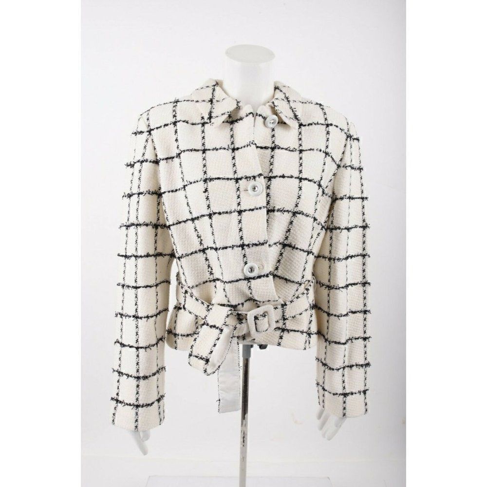 St. John Womens Jacket Blazer Wool Blend Sz 12 Ivory Black Windowpane Belted NWT